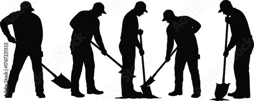 Silhouette workers shoveling soil, manual labor teamwork, construction site excavation, industrial workforce, outdoor digging activity, hard work men with shovels, physical job effort illustration