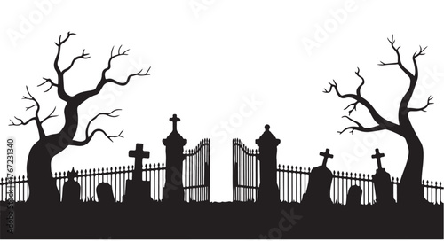 Spooky graveyard silhouette with tombstones trees and gate vector illustration for Halloween design