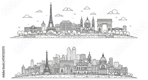 Paris City Skyline Line Art Vector Set - Eiffel Tower Landmark Illustration