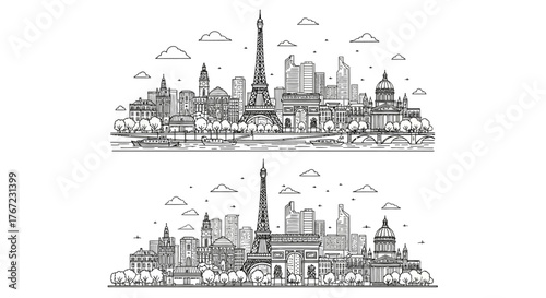 Paris City Skyline Line Art Vector Set - Eiffel Tower Landmark Illustration