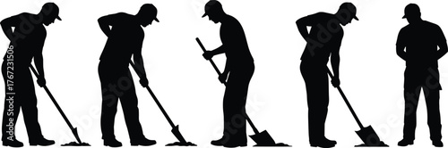 Silhouette worker sweeping floor, janitor cleaning with broom, man mopping workplace, sanitation staff labor, hygiene maintenance illustration, occupational safety concept,