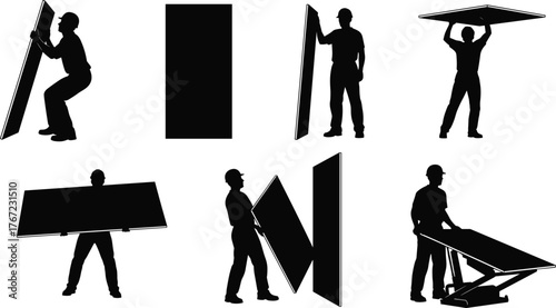 Construction workers lifting and installing drywall panels, teamwork in building, manual labor, construction industry, professional installation and safety at work