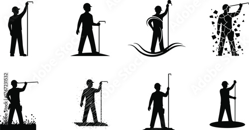 Construction workers holding crowbars, demolition and repair concept, industrial labor silhouettes, construction site safety, teamwork, strength, vector illustration for design projects