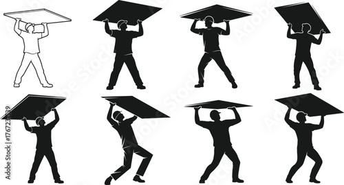 Construction workers lifting drywall panels overhead, teamwork and strength in building, home renovation, construction industry, manual labor, worker silhouettes illustration