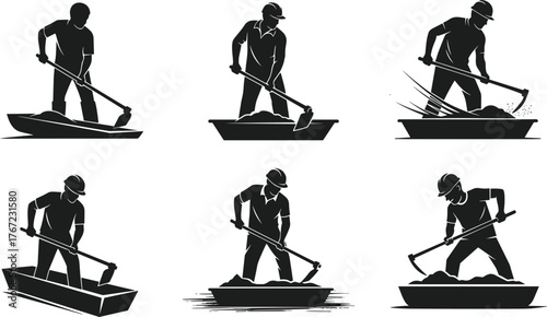 Construction workers mixing cement with shovels in trays, labor silhouettes performing hard work, concrete mixing process for building and construction industry illustration