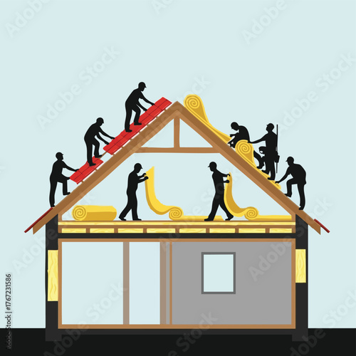 Illustration shows construction workers installing insulation on a house roof, emphasizing home improvement and energy efficiency for sustainable living.
