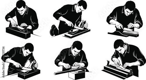 Man sharpening knife on whetstone, professional blade maintenance, kitchen knife sharpening process, black and white silhouette illustration for craftsmanship and precision work