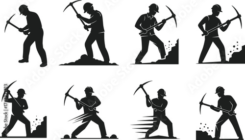 Silhouette miners working with pickaxes, hard labor workers mining coal and rock, construction industry teamwork, manual labor illustration vector design