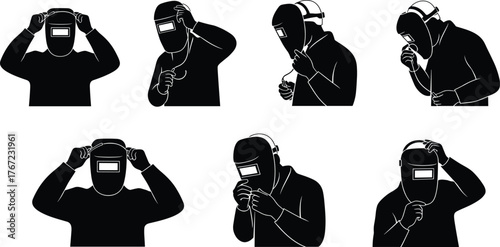 Welder silhouettes wearing protective helmet, industrial safety illustration, metalwork concept, black and white vector of welding worker adjusting face shield