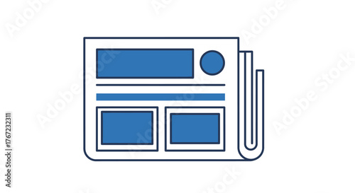 Blue Newspaper Icon with Rectangles Circle and Folded Edge.