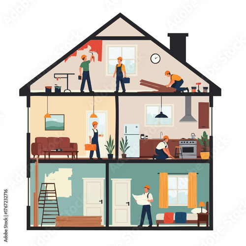 Illustration of home renovation process, showcasing workers performing various tasks like painting, installing flooring and appliances, and reviewing blueprints.