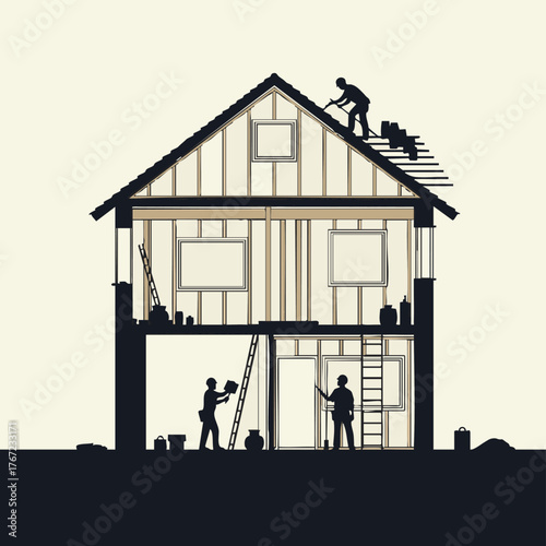 Illustration shows construction workers building a house, depicting carpentry, roofing, and interior work, emphasizing home renovation.