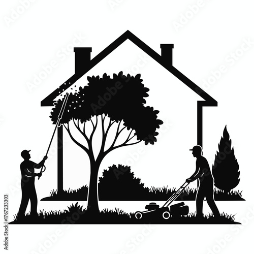 A silhouette illustration depicts two workers maintaining a home's yard, one trimming a tree and the other mowing the grass, showcasing landscaping.