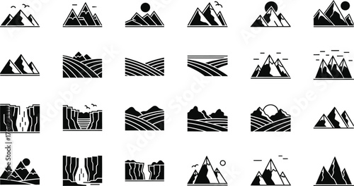 Collection of hand drawn mountain and landscape icons with textured brush strokes isolated on transparent background