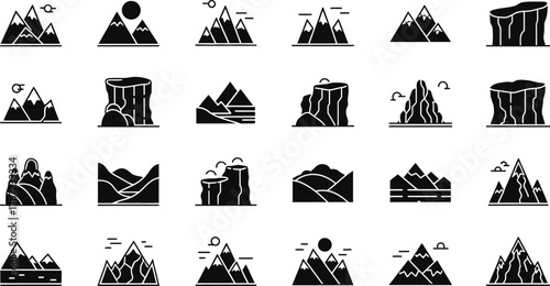 Collection of stylized mountain icons and illustrations representing different landscapes isolated on transparent background