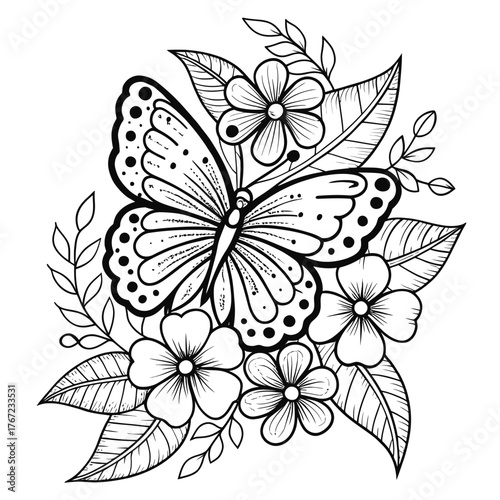 Beautiful butterfly and blossoming flowers coloring page for creative relaxation and artistic fun