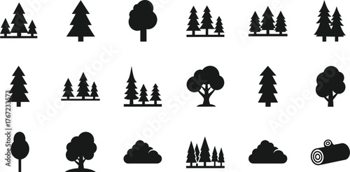 Collection of diverse black tree silhouettes representing various forest and woodland species isolated on transparent background