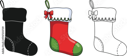 Three christmas stockings in different styles silhouette, color, and outline versions