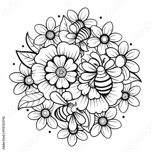 Cute bees amongst beautiful flowers coloring sheet for fun and relaxation artistic design