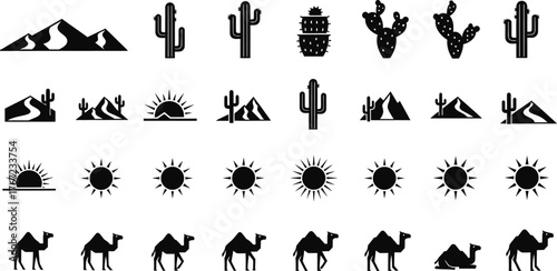 Collection of desert landscape elements including cacti mountains sun and camels isolated on transparent background