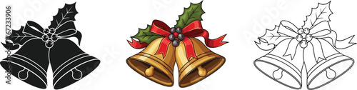 Three christmas bells in different styles silhouette, color, and outline illustration