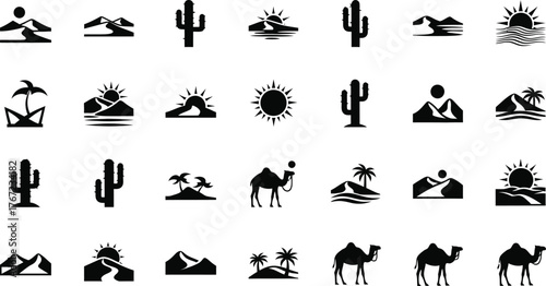 Collection of desert landscape icons featuring cacti camels mountains and sun isolated on transparent background