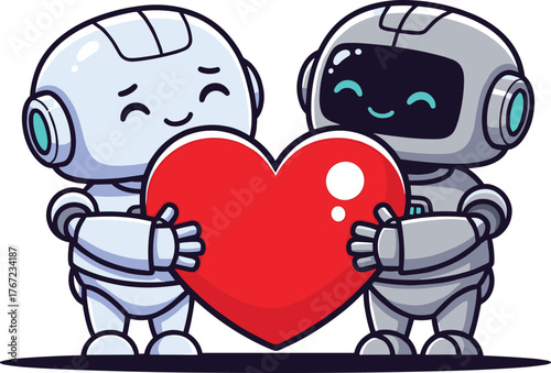 Cute cartoon robots holding big red heart, adorable futuristic love couple illustration, friendly AI robot characters showing affection and emotion