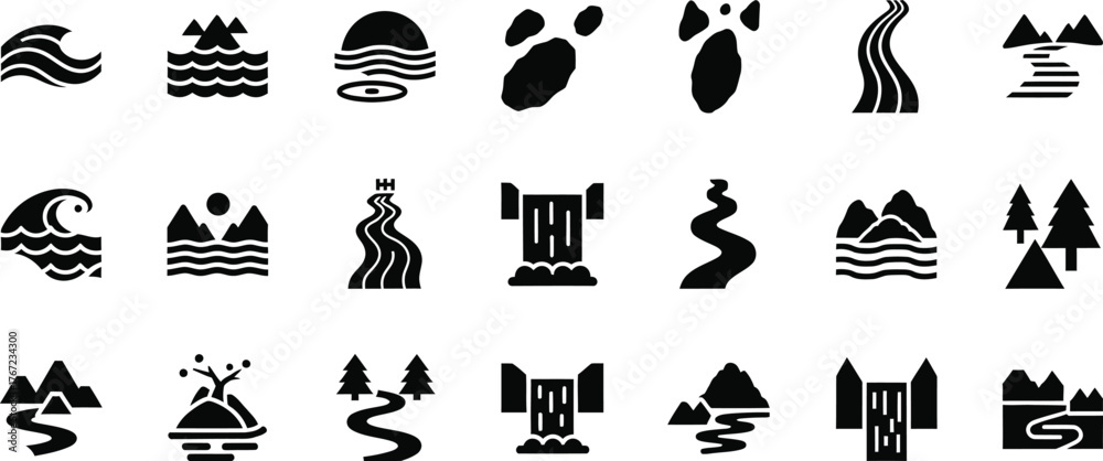 Fototapeta premium Collection of stylized black and white icons representing water features and natural landscapes isolated on transparent background