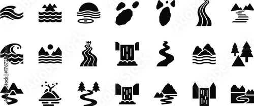 Collection of stylized black and white icons representing water features and natural landscapes isolated on transparent background