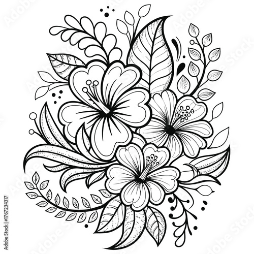 Exotic tropical flowers coloring page featuring hibiscus blossoms and lush foliage for creative art projects