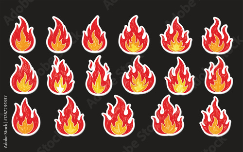 Set of fire icons. Flame design of different shapes. Bonfire images