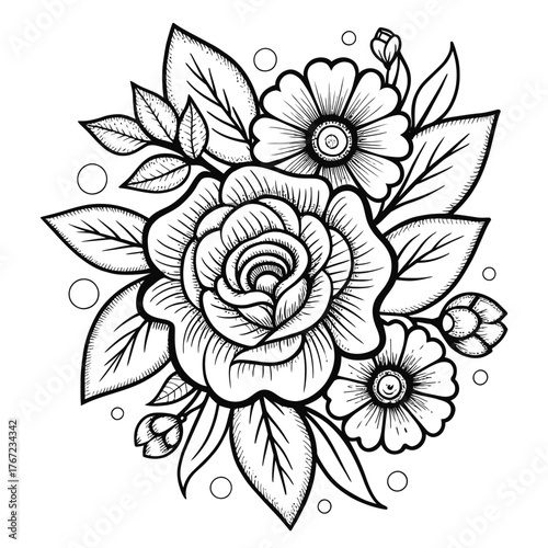 Beautiful rose and floral pattern coloring page for adults and children intricate design