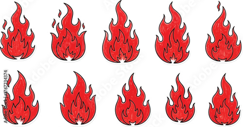 Set of fire icons. Flame design of different shapes. Bonfire images
