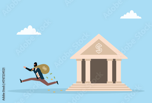 Vector illustration of a masked thief running away from a bank building with a money sack, representing financial theft, bank robbery, crime, and the loss of security or stolen assets

