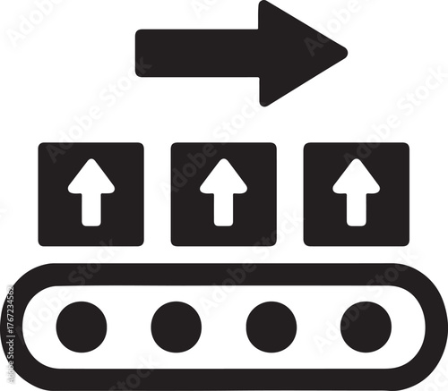 Conveyor belt icon with boxes moving forward in vector style, symbolizing production flow.