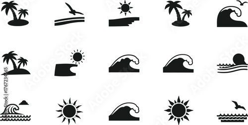 Collection of black and white vacation and travel icons depicting palm trees waves and sun isolated on transparent background