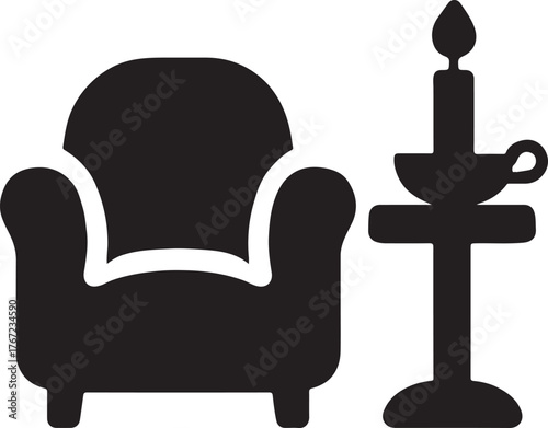 Cozy armchair icon silhouette with small side table and candle, symbolizing hygge comfort.