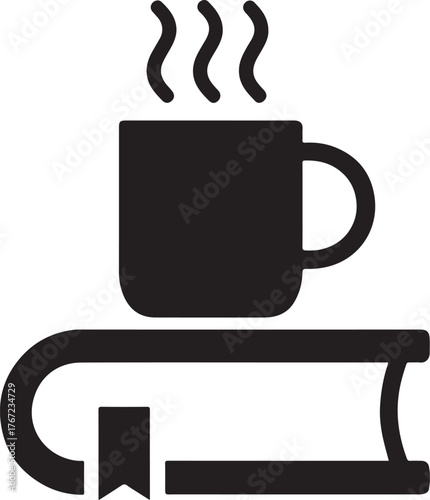 Hygge tea cup with book silhouette, symbolizing cozy relaxation and peaceful reading time.