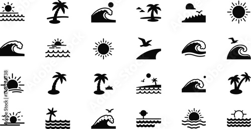 Collection of tropical beach and ocean wave icons with sun and palm trees isolated on transparent background
