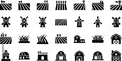 Collection of stylized black farm and agriculture icons including fields windmills and barns isolated on transparent background