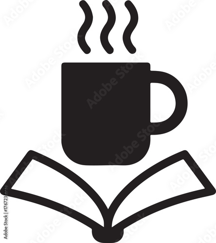 Minimal hygge icon of steaming mug and open book together, symbolizing cozy reading time.