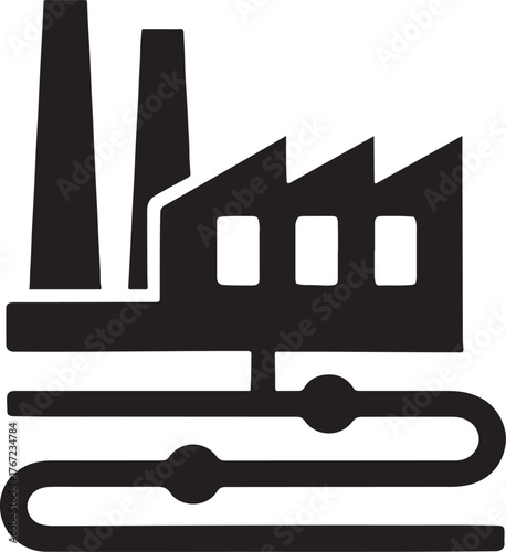 Manufacturing plant glyph with chimneys and production flow lines, symbolizing industry.