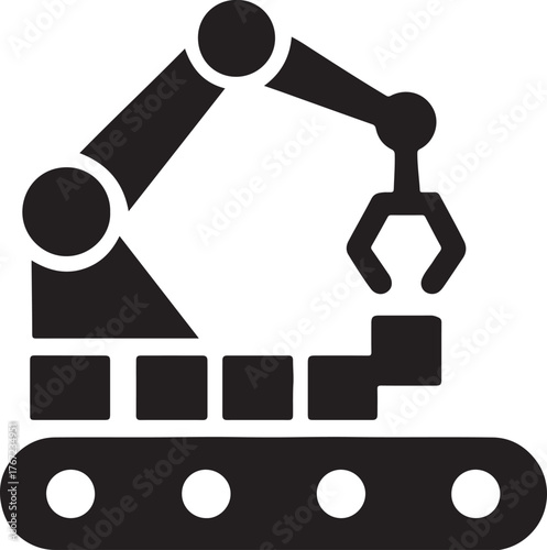 Assembly line icon with robotic arm placing parts in minimal style, symbolizing automation.