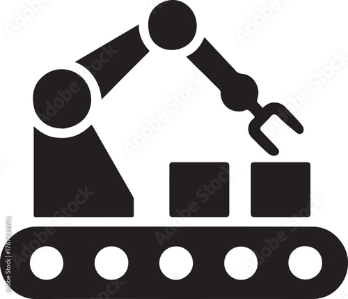 Assembly line with robotic arm picking product silhouette, symbolizing automated production.