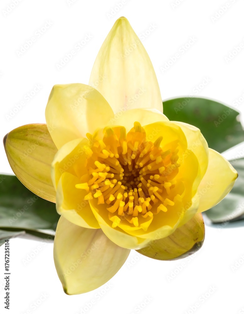 Fototapeta premium Close-up of a vibrant yellow water lily blossom against white