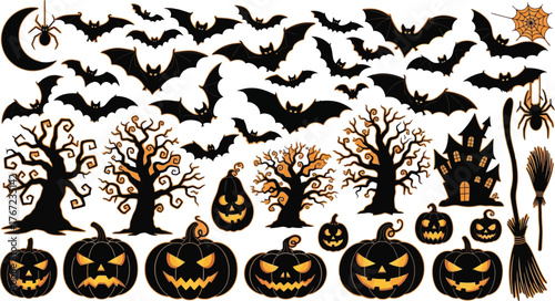 Big set of halloween silhouettes black icon and character. Design of witch, creepy and spooky elements for halloween decorations, sketch, icon, sticker.