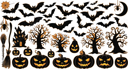 Big set of halloween silhouettes black icon and character. Design of witch, creepy and spooky elements for halloween decorations, sketch, icon, sticker.