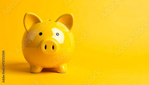 Close-up of a yellow piggy bank on a bright yellow backdrop