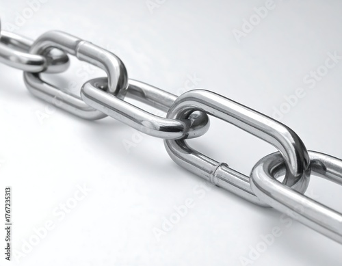 Close-up of shiny, metallic chain links on a white background