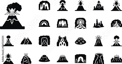 Collection of various volcano types and geological formations showing eruptions and lava flows isolated on transparent background